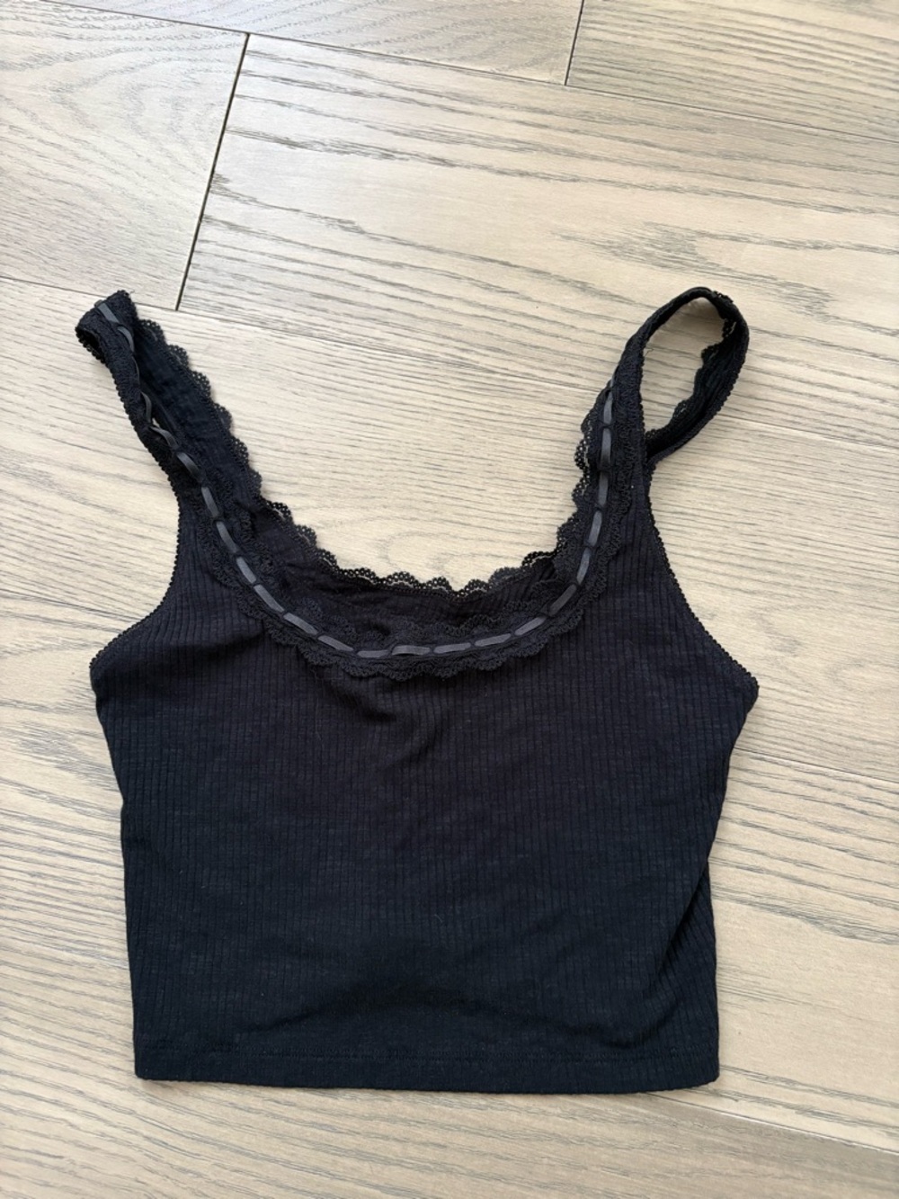 aerie Black Ribbed Lace-Trim Cropped Camisole Tank